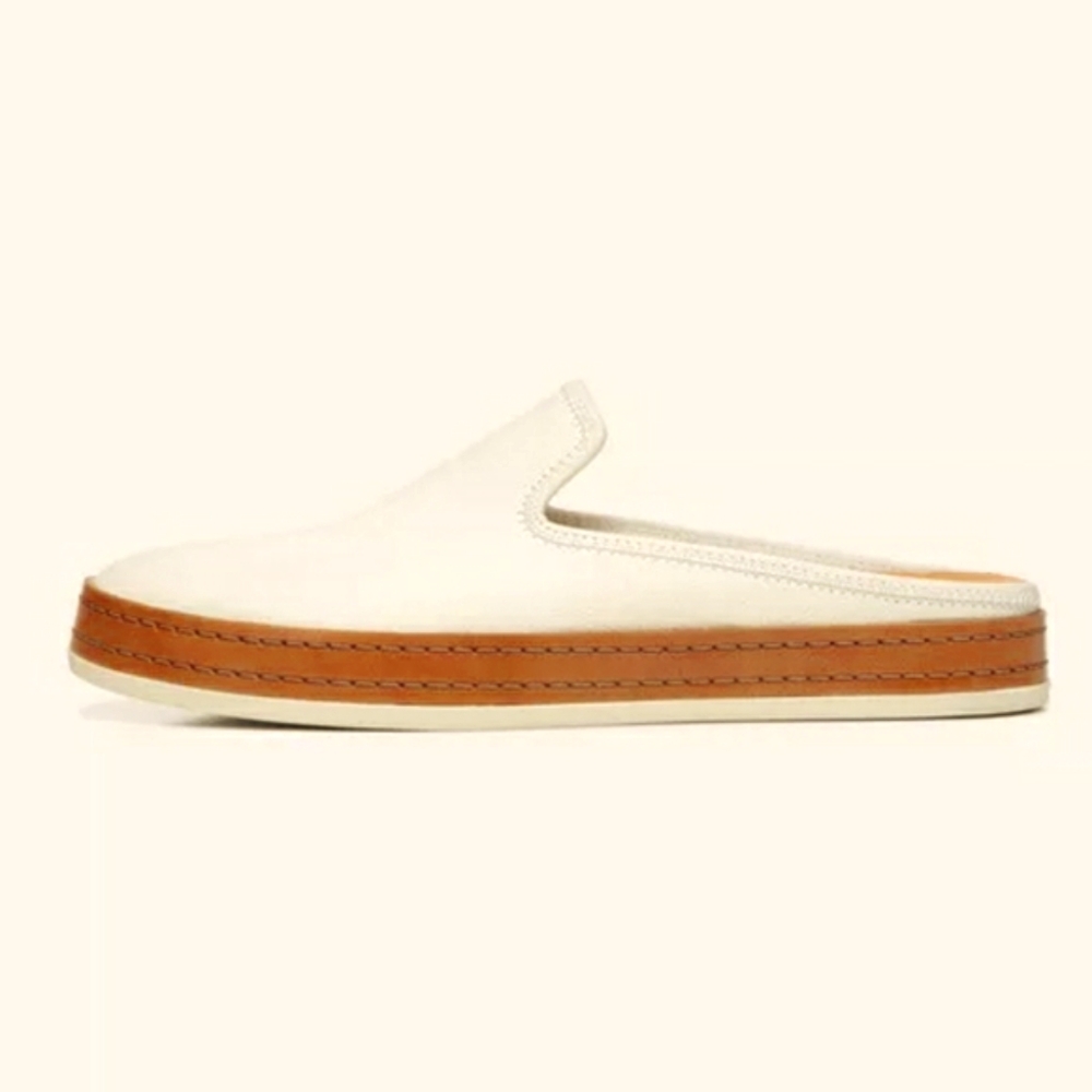 Vince White and Tan Leather-Trim Slip-On Mules - Picture 2 of 16